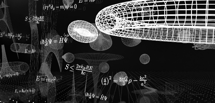 Mathematical equations and abstract wireframe shapes on a dark background.